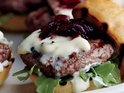 Burgers with Bleu Cheese May and BBQ Red Onions