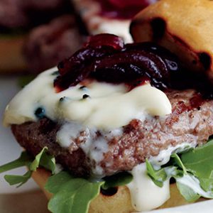 Burgers with Bleu Cheese May and BBQ Red Onions